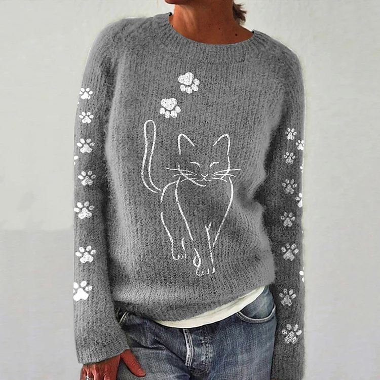 Comstylish Cat Print Long Sleeve Knitted Pullover Sweater