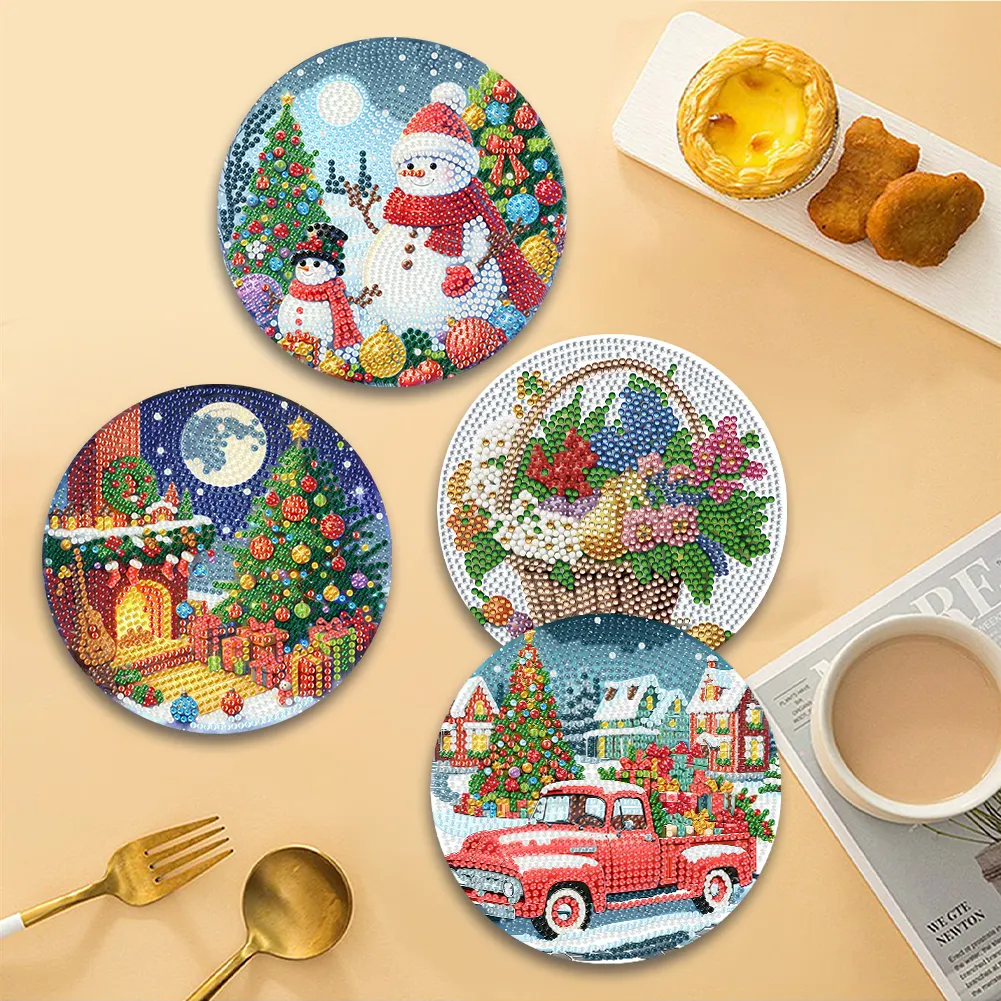 5D DIY 4pcs Christmas Acrylic Diamond Painting Placemats DIY Diamond Dot Kits for Tabletop