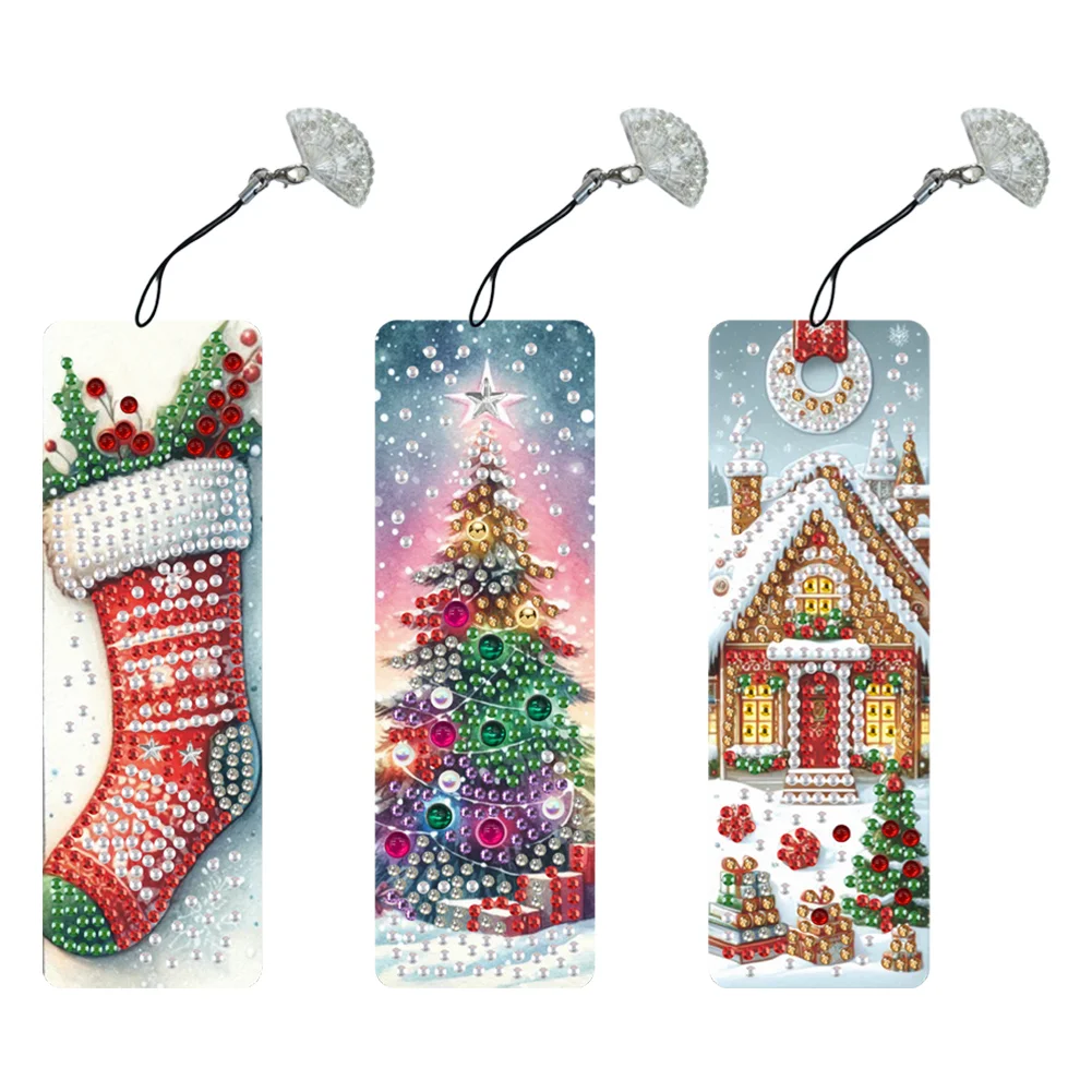 3Pcs Christmas Tree House Sock Special Shape Diamond Painting Bookmark