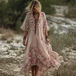 Boho Pink Roses Embroidered Flowy Linen Maxi Dress - Image 2