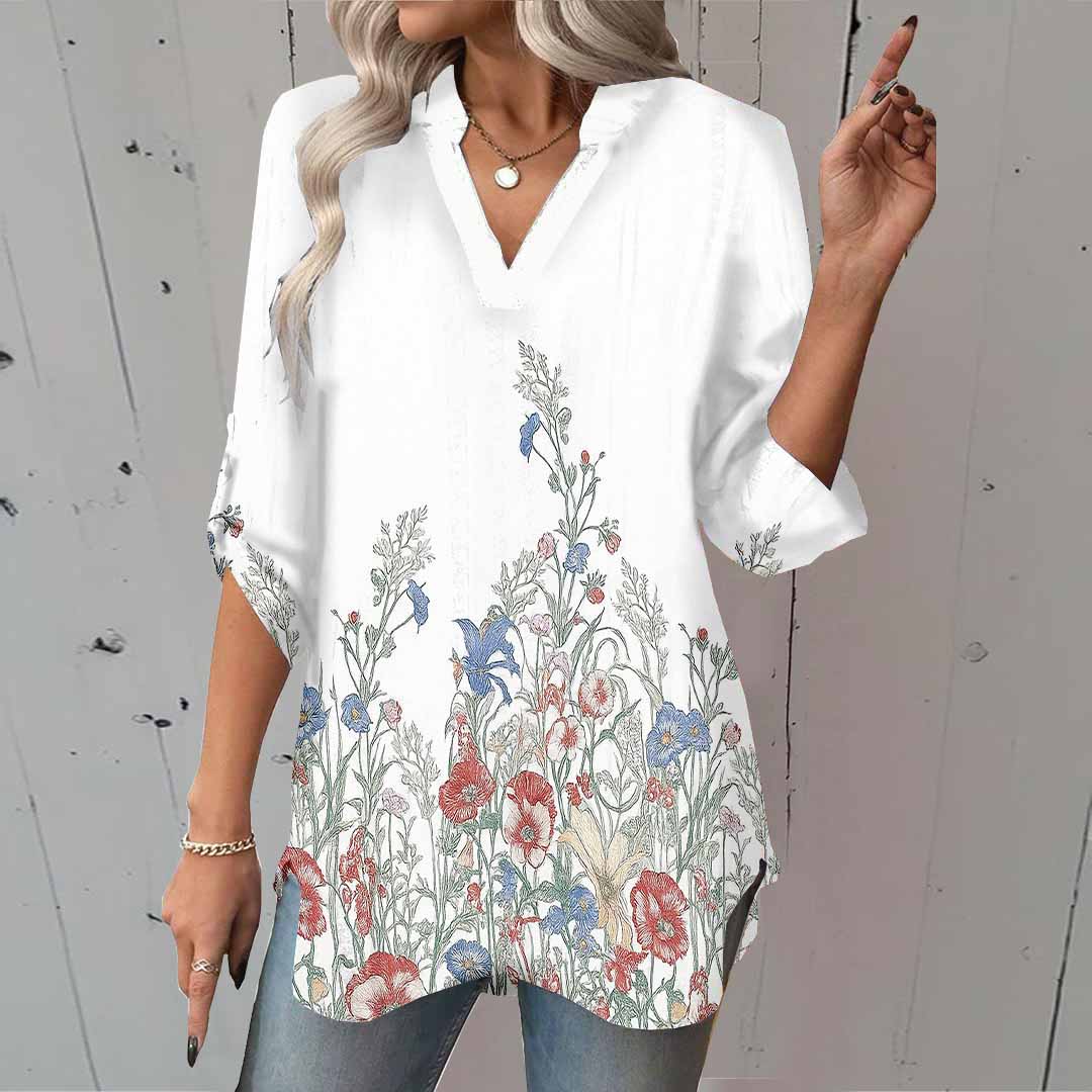 Women Floral, Red, Colorful DZGA0562 3/4 Sleeve V-neck Printed Graphic Button Tops