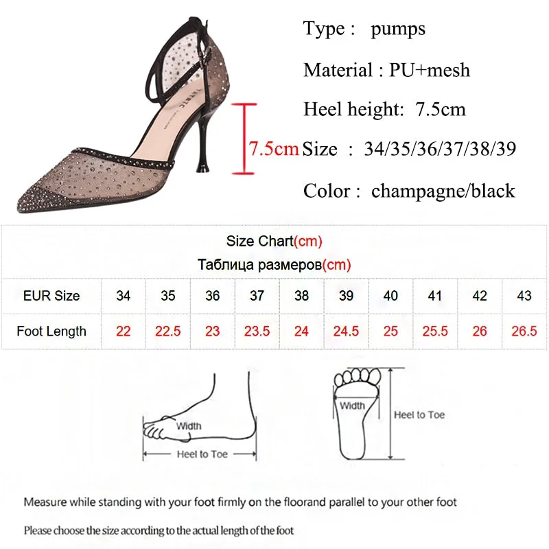 Sexy Ankle Strap Pumps For Women 2022 Summer Black Mesh Stiletto High Heels Shoes Woman Pointed Toe Crystal Party Shoes