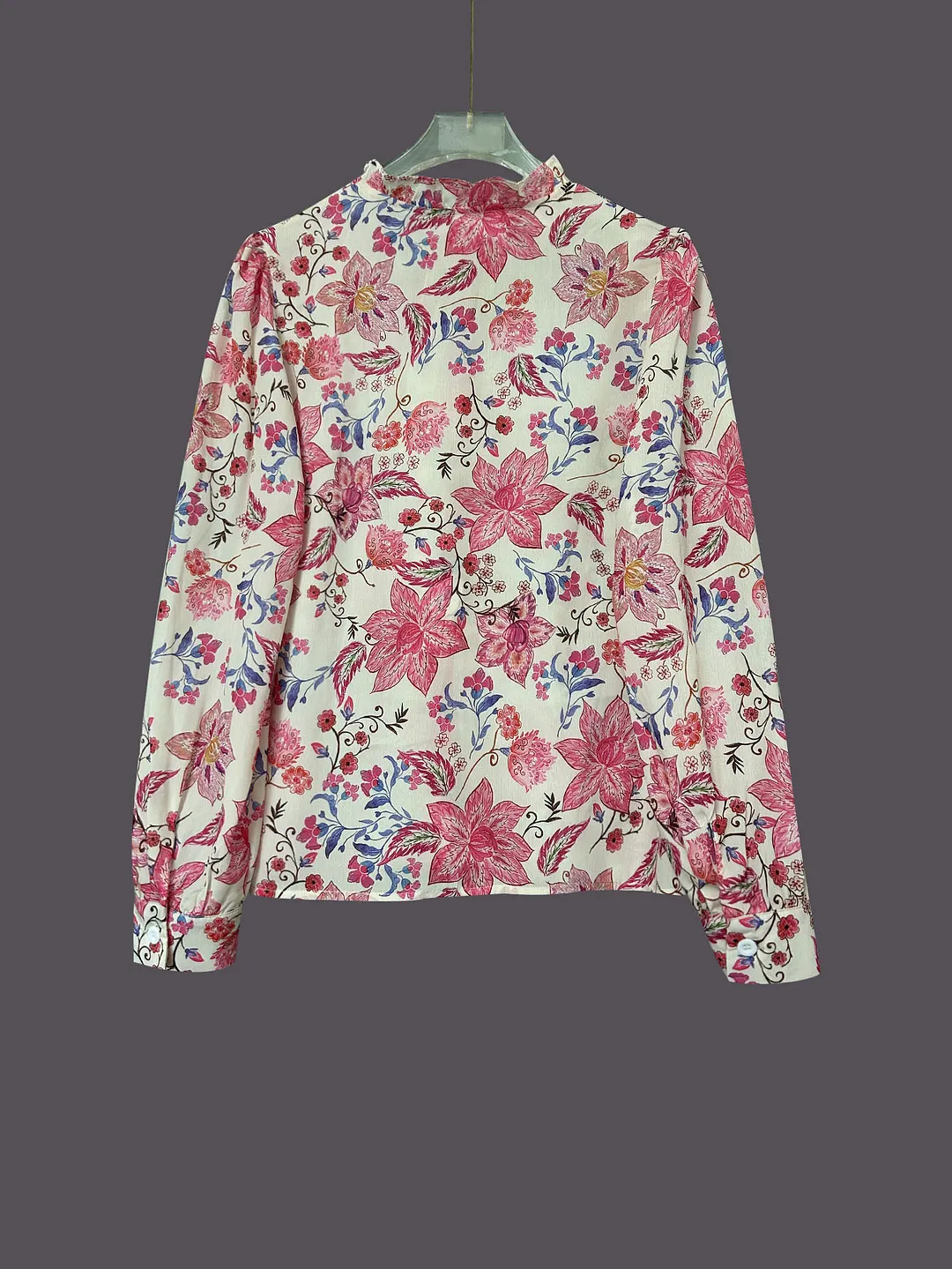 Women's Pink Red Floral Lace Trim Stand Collar Shirt