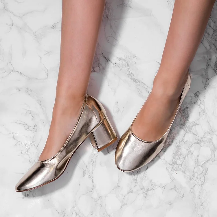 Fashion Champagne Chunky Heels Round Toe Patent Leather Pumps by FSJ |FSJ Shoes