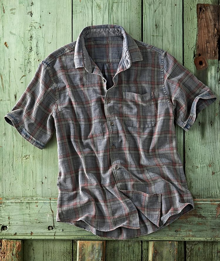 Men's casual check short-sleeved shirt