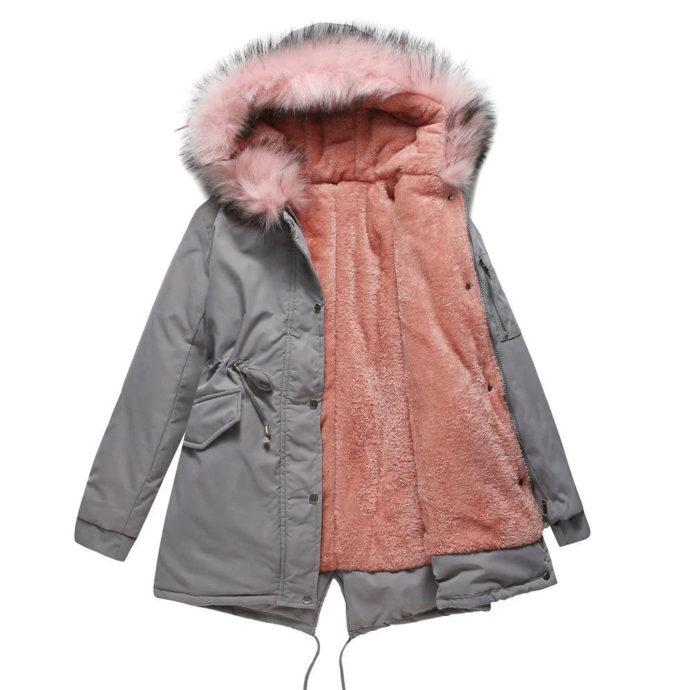 Women's Mid-length Hooded Fur Collar Warm And Fleece Coat