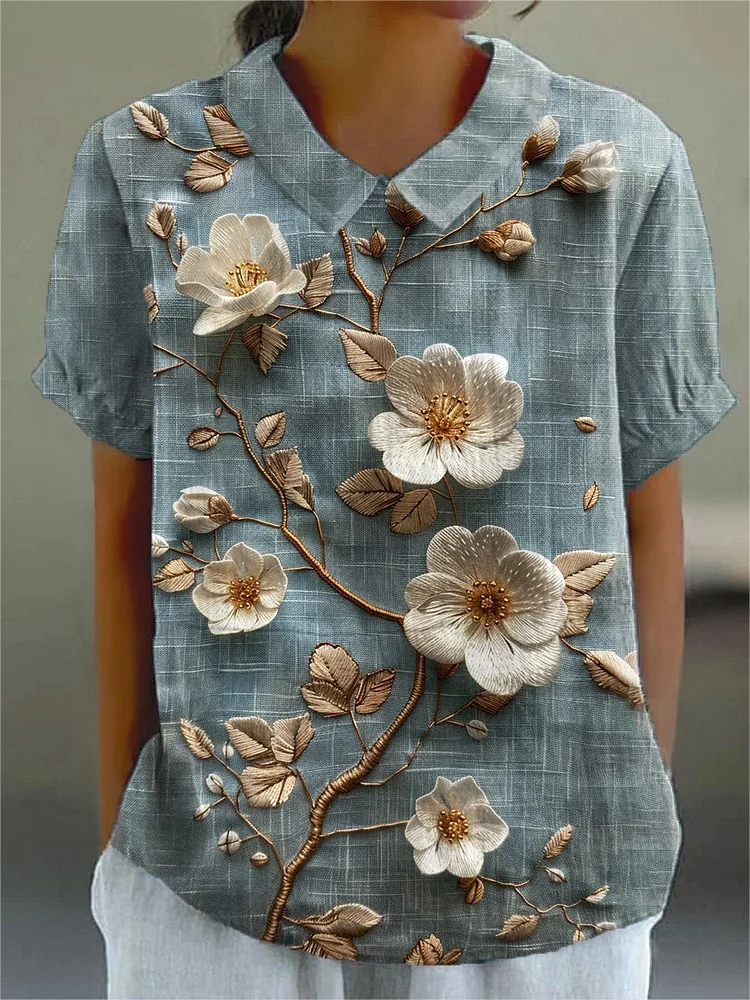 Women's Flower Art Print Casual Cotton And Linen Shirt