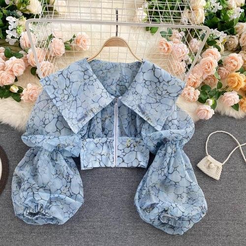 Women's  Autumn Spring Blouse European Court Style Retro Puff Sleeve Big Lapel Short Zipper Printed Shirts Female Blusa PL541