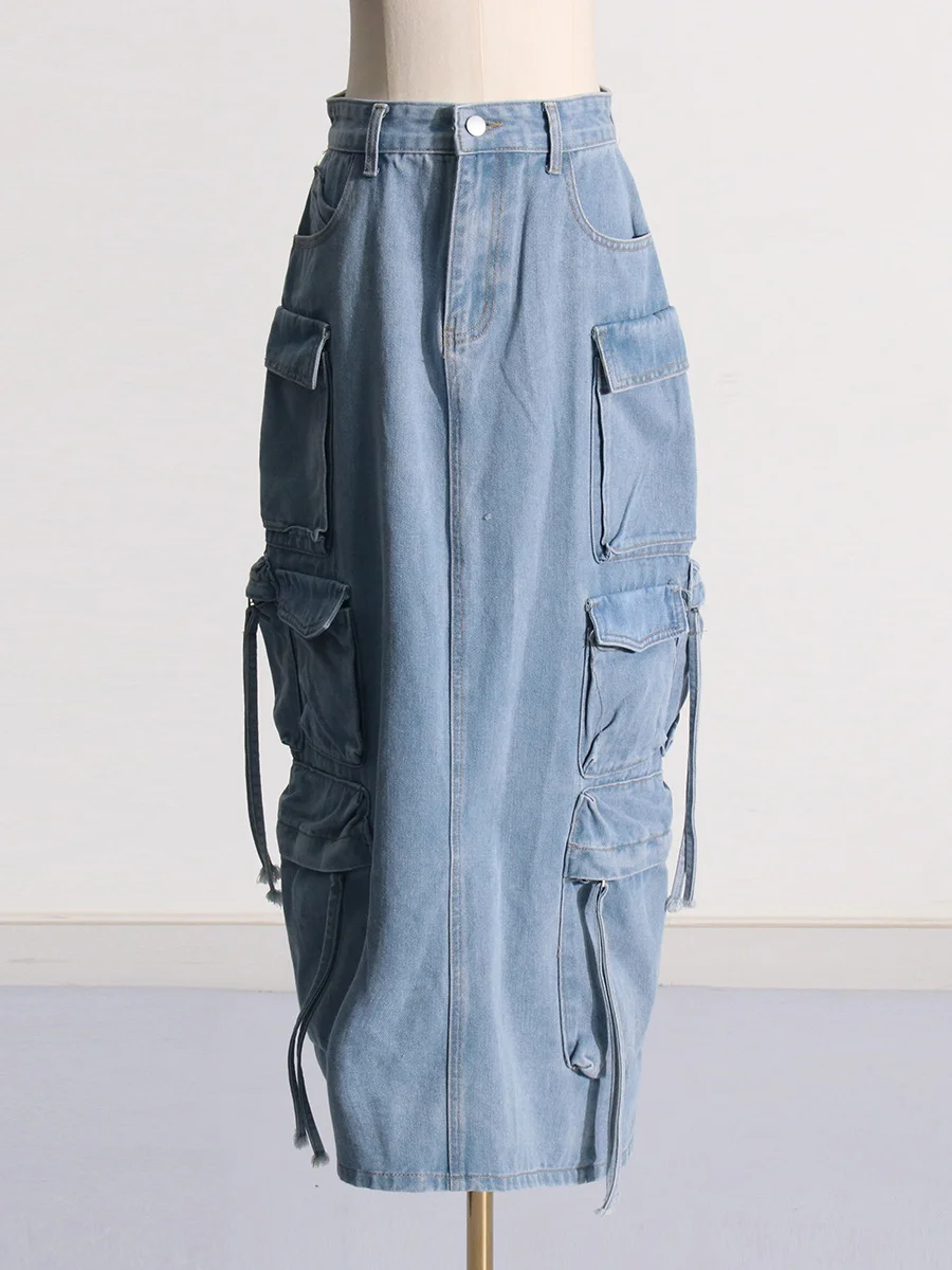 Toloer Toloer Feng Shui Wash Long Skirt Autumn 2024 New Multi-Pocket Decoration High Waist Show Skinny Denim Skirt Women-Outfit Ideas
