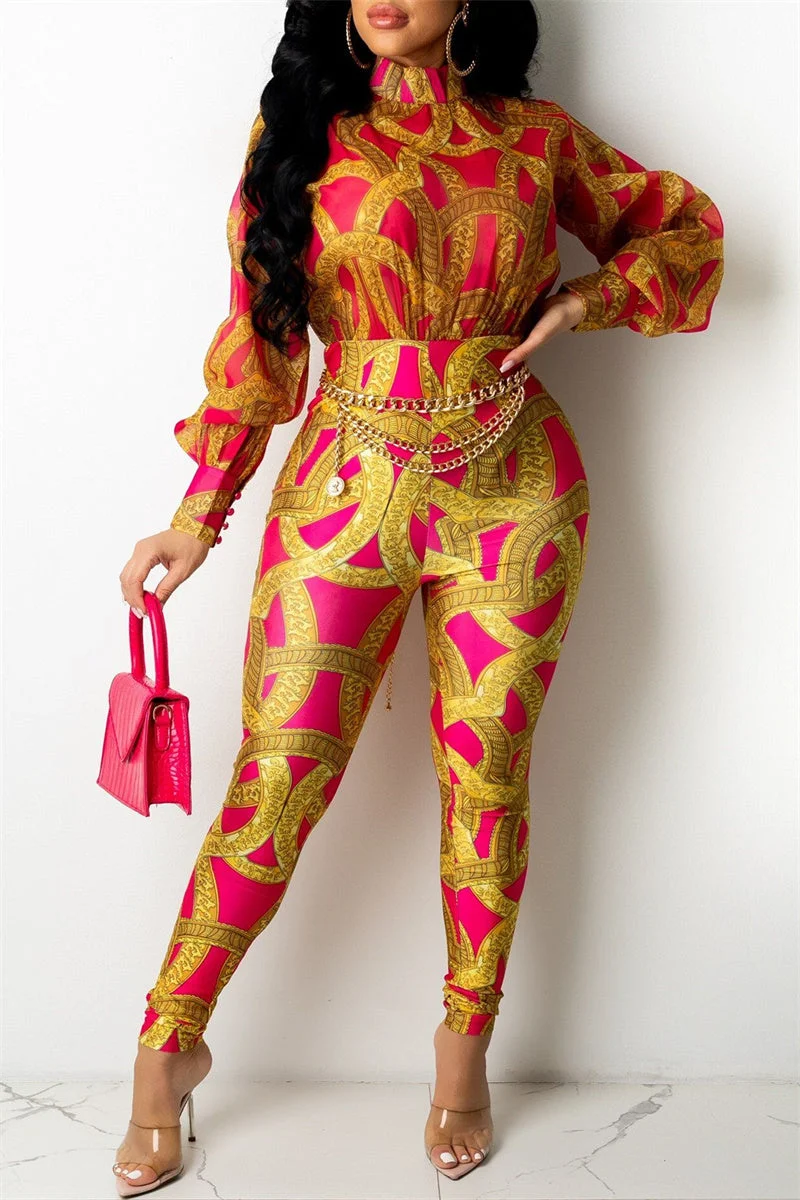 Fashion Casual Print Split Joint Turtleneck Regular Jumpsuits (Without Waist Chain)