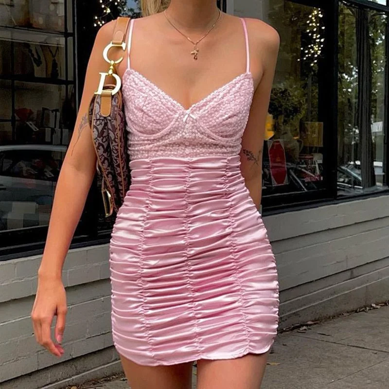 Graduation Gift Pink Party Dress Women Folds V Neck Strap Dresses Sexy Skinny Backless Sundress Y2k Aesthetic Streetwear Women Clothing