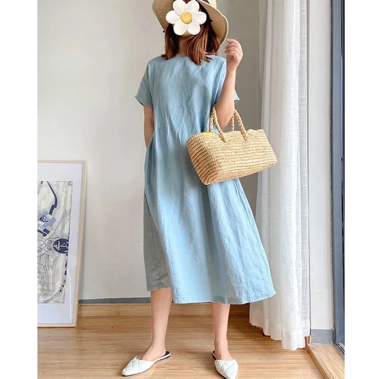 Round Neck Short Sleeve Cotton Women's Dress Summer Korean Fashion Casual Simple Solid 7 Colors Loose Mid-Calf Dresses For Women