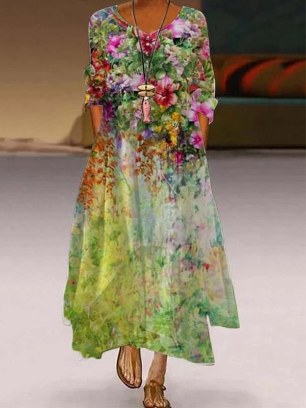 Floral Tunic Round Neckline Maxi A-line Dress