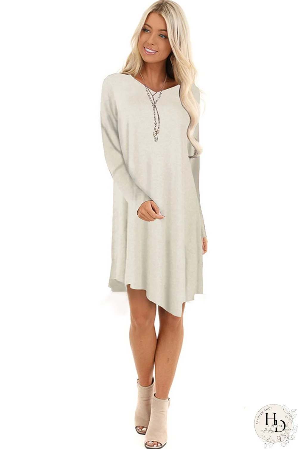 Beige Cotton Sexy Cap Sleeve Long Sleeves V Neck Swagger Knee-Length Patchwork Solid