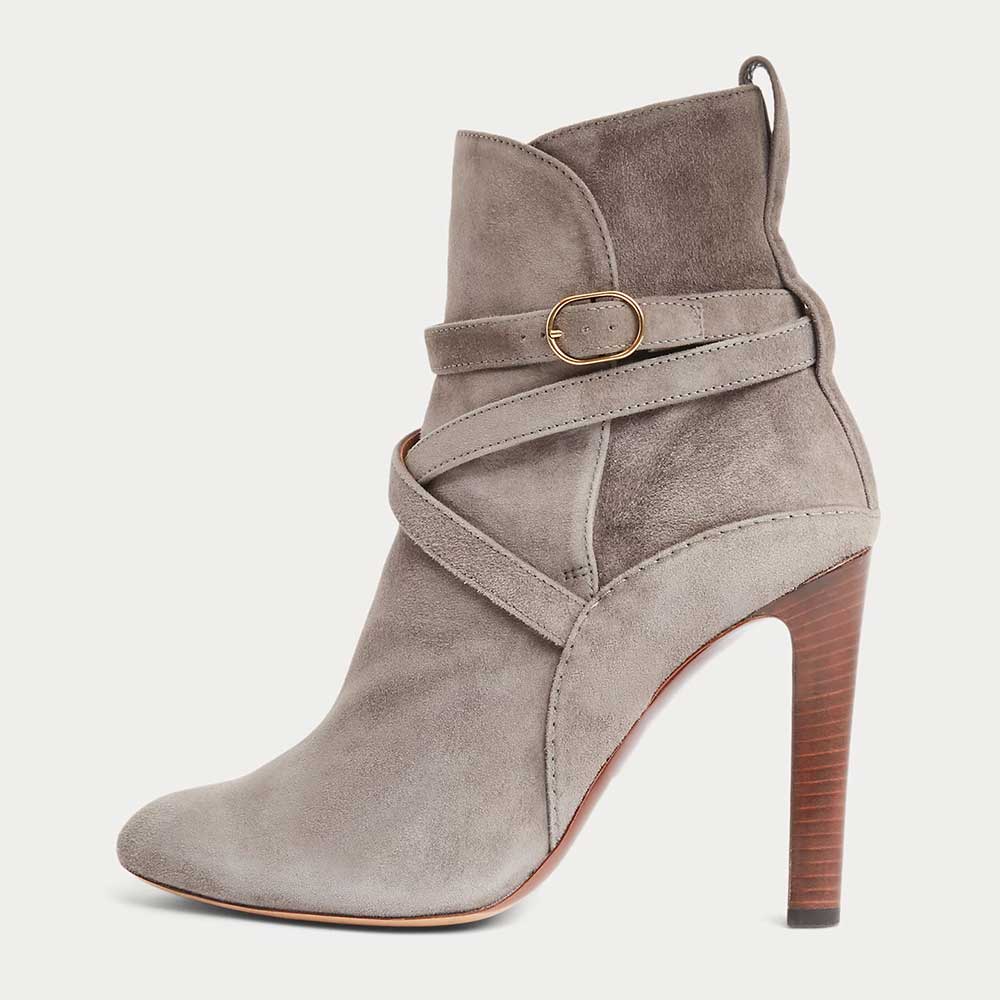 Gray Faux Suede Round Toe 4'' Chunky Heel Buckled Classic Ankle Boots Nicepairs