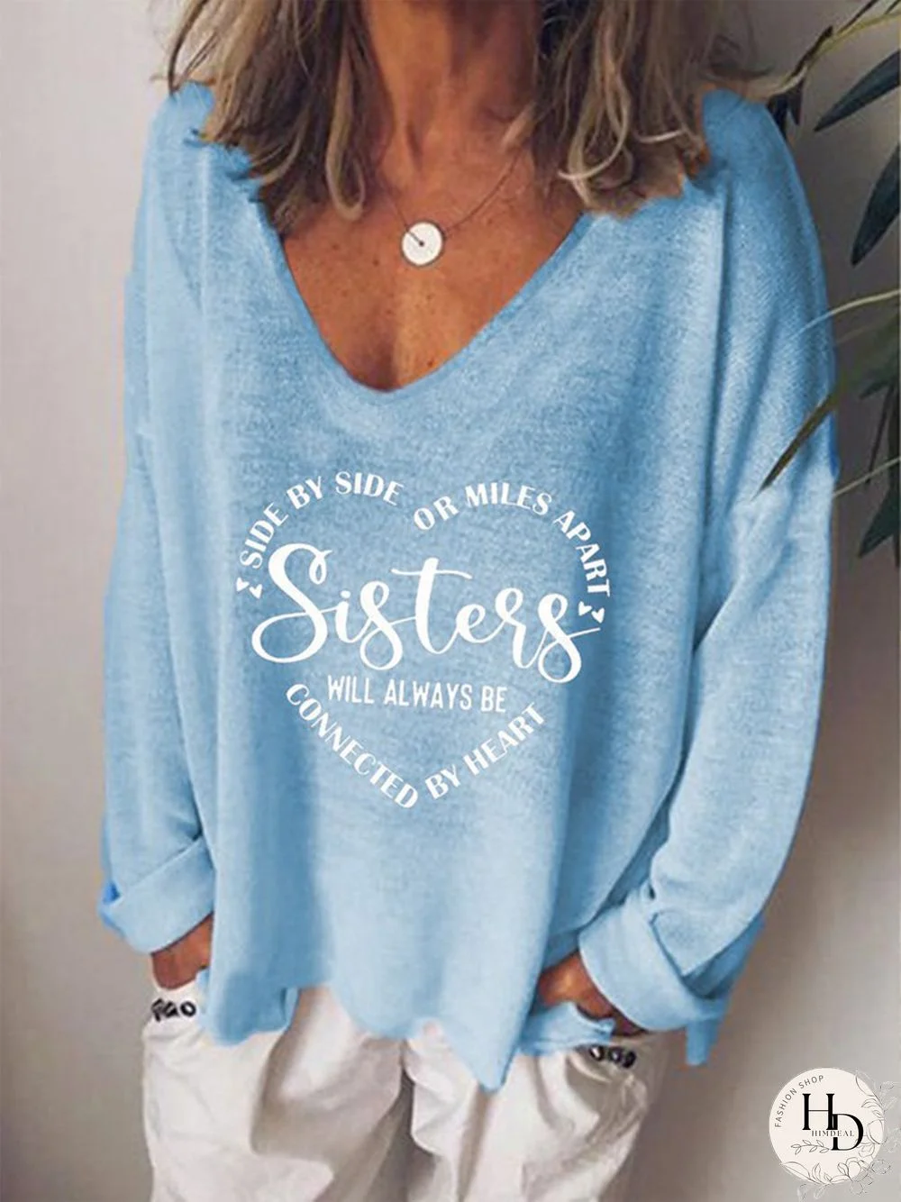 Casual V neck Text Letters Loose Long Sleeve T-Shirt