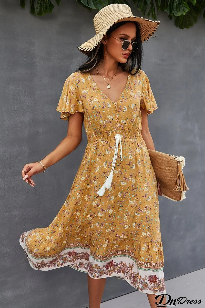 Bohemian V-Neck Flutter Sleeve Dress