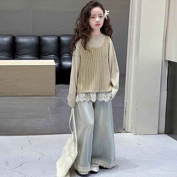 個性 無地 ラウンドネックトップス+ベルト+ パンツ 女の子 キッズ 3点セットアップ