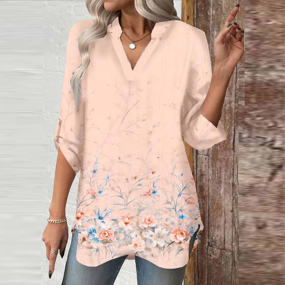 Women Floral,Pink,Ladynora DZGA0020 3/4 Sleeve V-neck Printed Graphic Button Tops