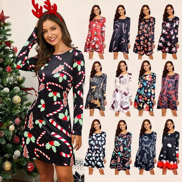 NEW Fashion Casual Christmas Dress Women Long Sleeve Swing Printed Santa Snowflake Colourful Xmas Dress