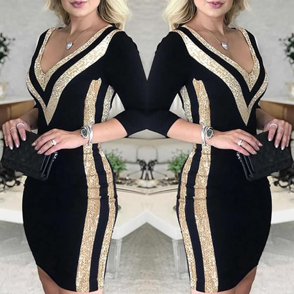 New Women Fashion Deep V-Neck Sequins Colorblock Long Sleeve Bodycon Dresses Package Hip Robe Cocktail Vestidos Party Dress Plus Size - Chicaggo
