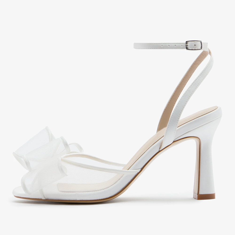 White Peep Toe Chunky Heel Tulle Bow Ankle Strap Wedding Sandals Nicepairs
