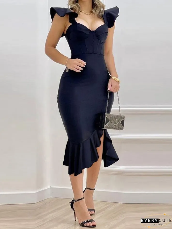 Dresses Deep V Neck Ruffle Slim Fit Irregular Dress for Women