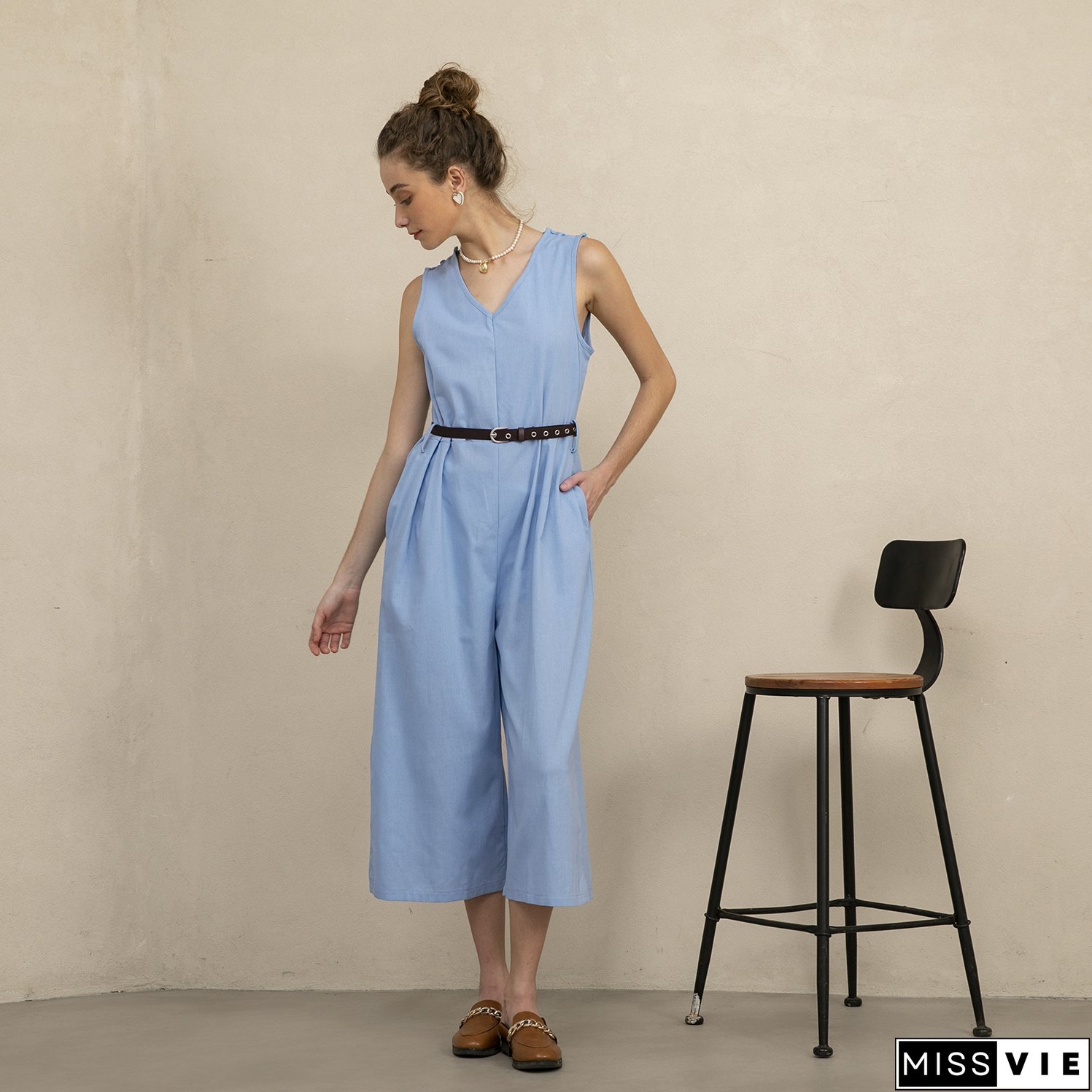 Women's Sleeveless V-Neck Cotton Linen Jumpsuit