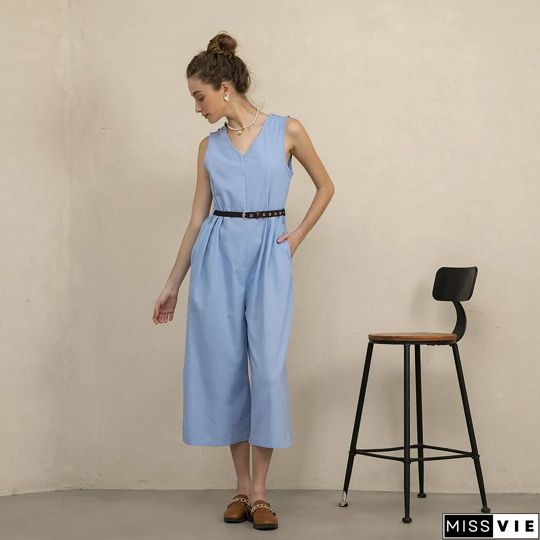 Women's Sleeveless V-Neck Cotton Linen Jumpsuit