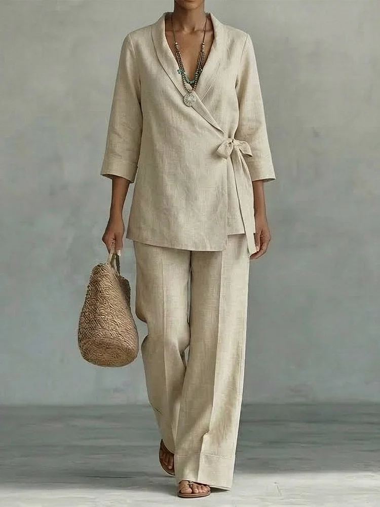 Cotton Linen V-neck Tie-front Top And Casual Trousers Set
