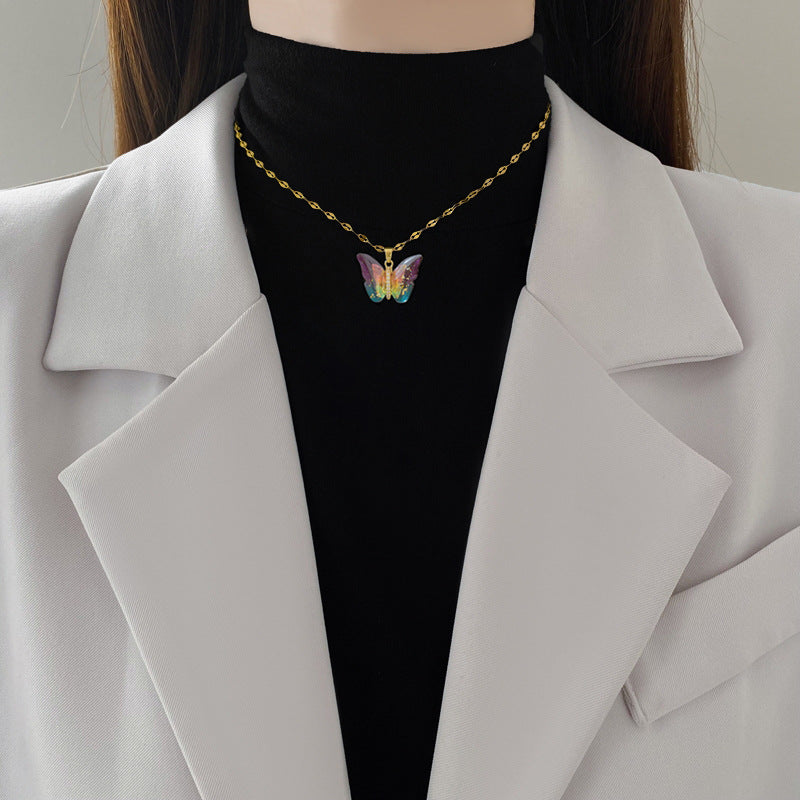 Colorful Butterfly Personality Fashion Gorgeous Full Diamond Necklace Women’S All-Match Clavicle Chain Titanium Steel