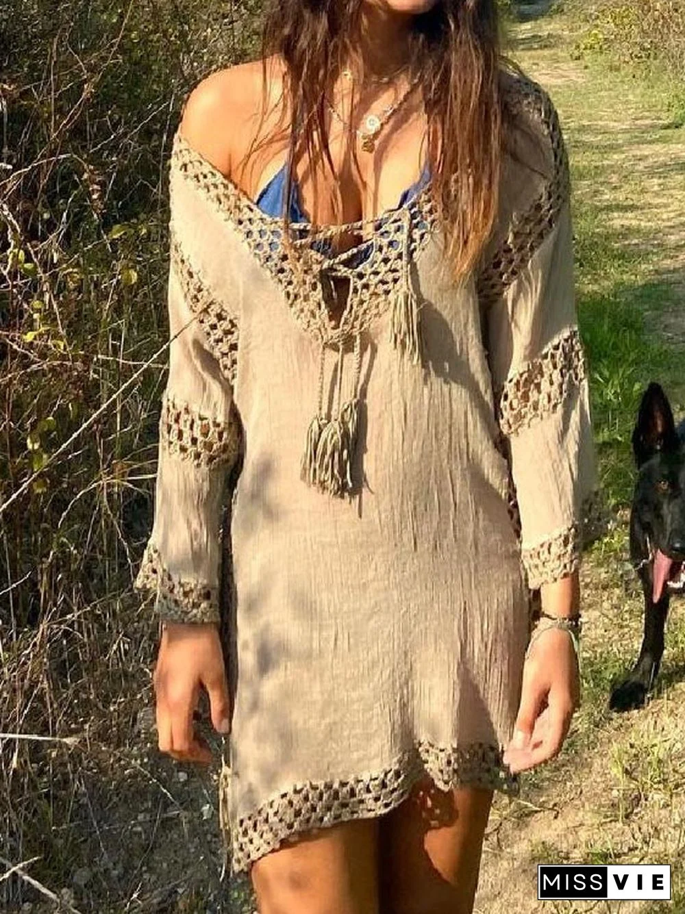 Plus Size Solid Color Long Sleeve Vintage Casual Vacation Dress Long Sleeve Dress