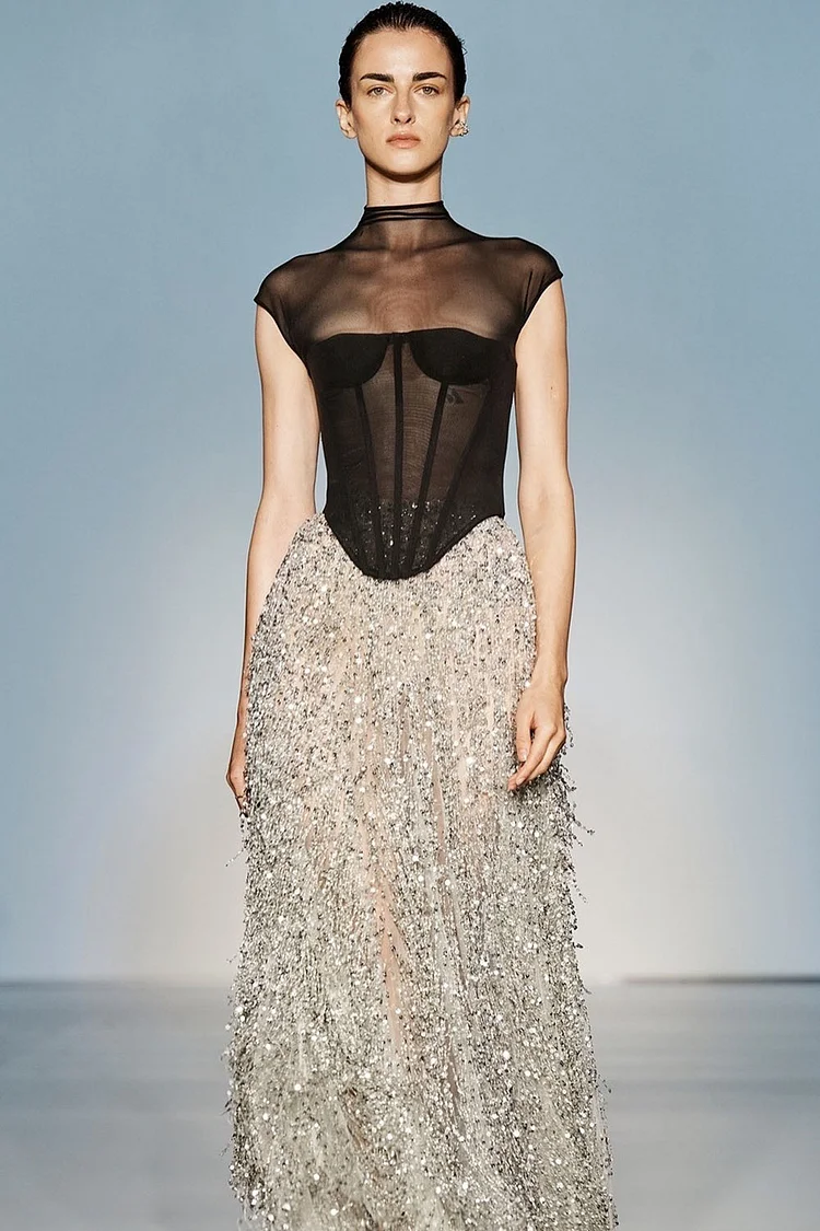 Mesh See-Through Corset Sequin Fringe Two Piece Skirt Set-Black And Silver