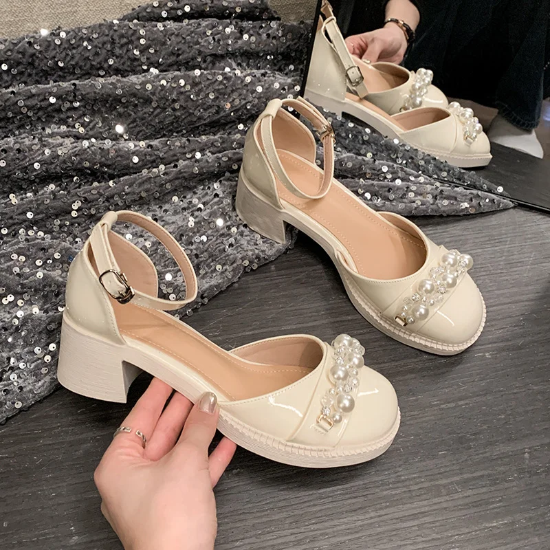 Tanguoant Tanguoant New Shallow Mouth Thick With Rhinestone Pearl Sandals Women A Word With Round Head Korean Version Single Shoes Mary Jane Women's Shoes