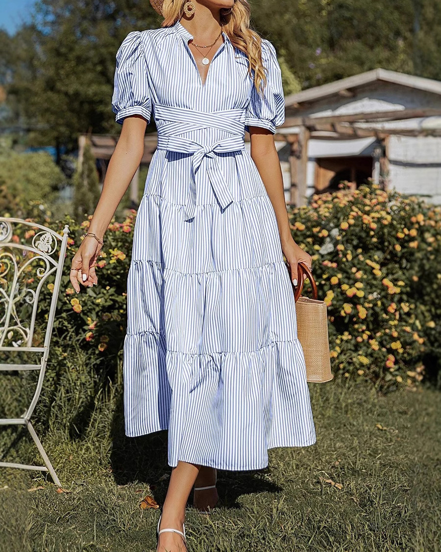 Striped Pattern V Neck Short Puffed Sleeve Midi Dress