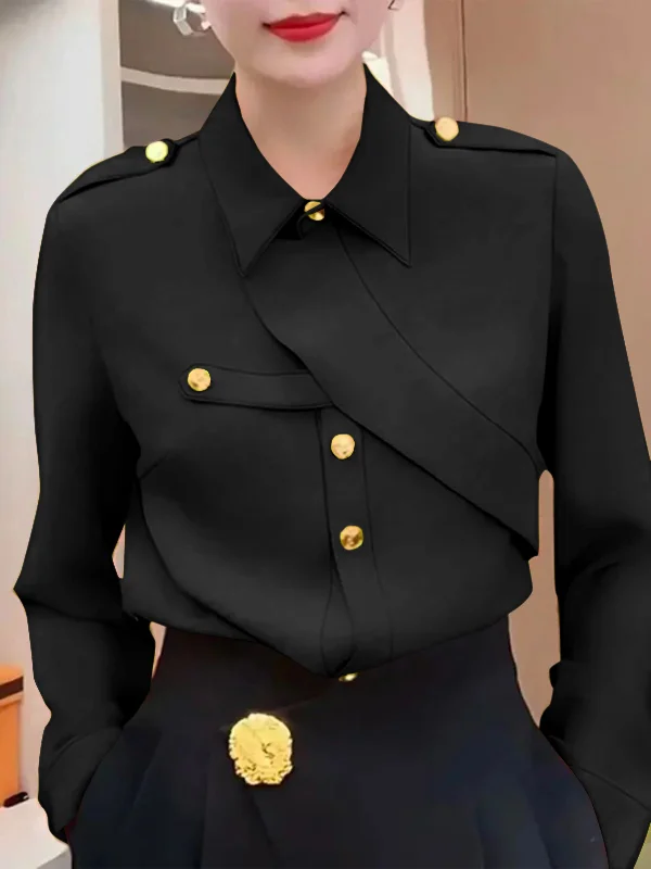 Long Sleeves Loose Asymmetric Buttoned Lapel Blouses&Shirts Tops