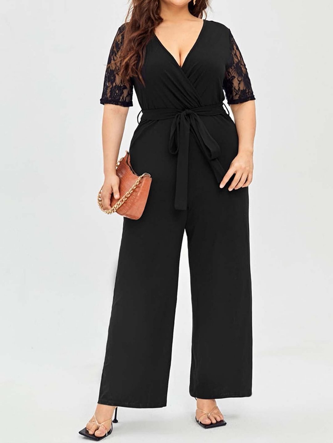 Plus Lace Sleeve Surplice Neck Belt Jumpsuit