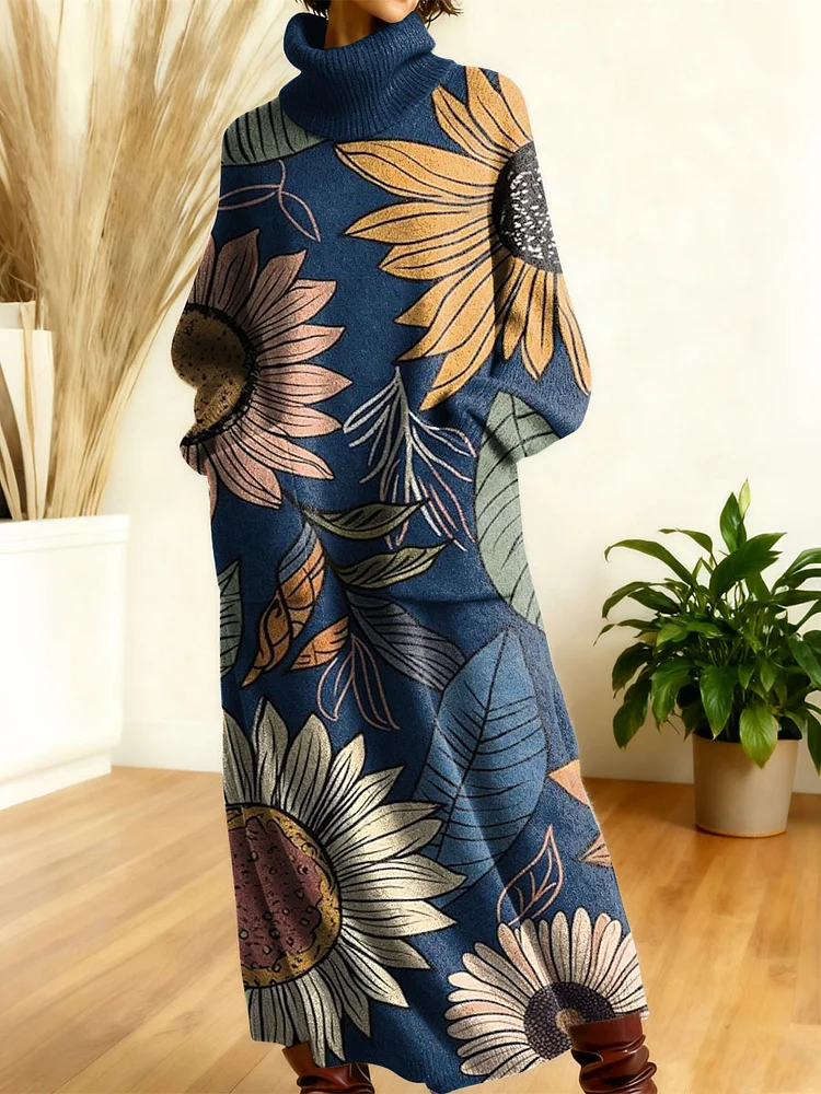 Women's Retro Flowers Geometric Patchwork High-neck Long-sleeve Casual Loose Knit Dress