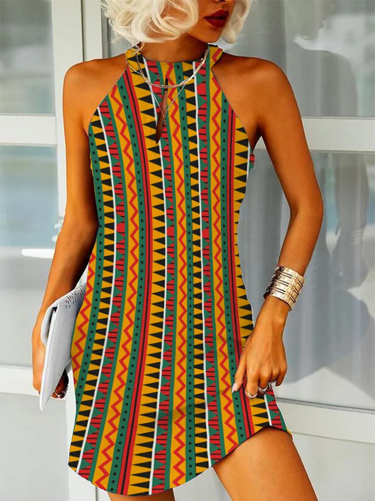 Juneteenth African Geometry Print Halter Neck Mini Dress
