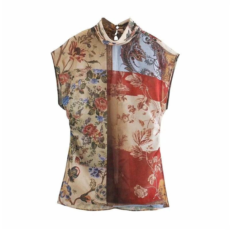 PUWD Vintage Woman Loose Seethrough Sleeveless Chiffon Tops 2021 Spring Fashion Ladies Floral Tanks Female Casual Holiday Top