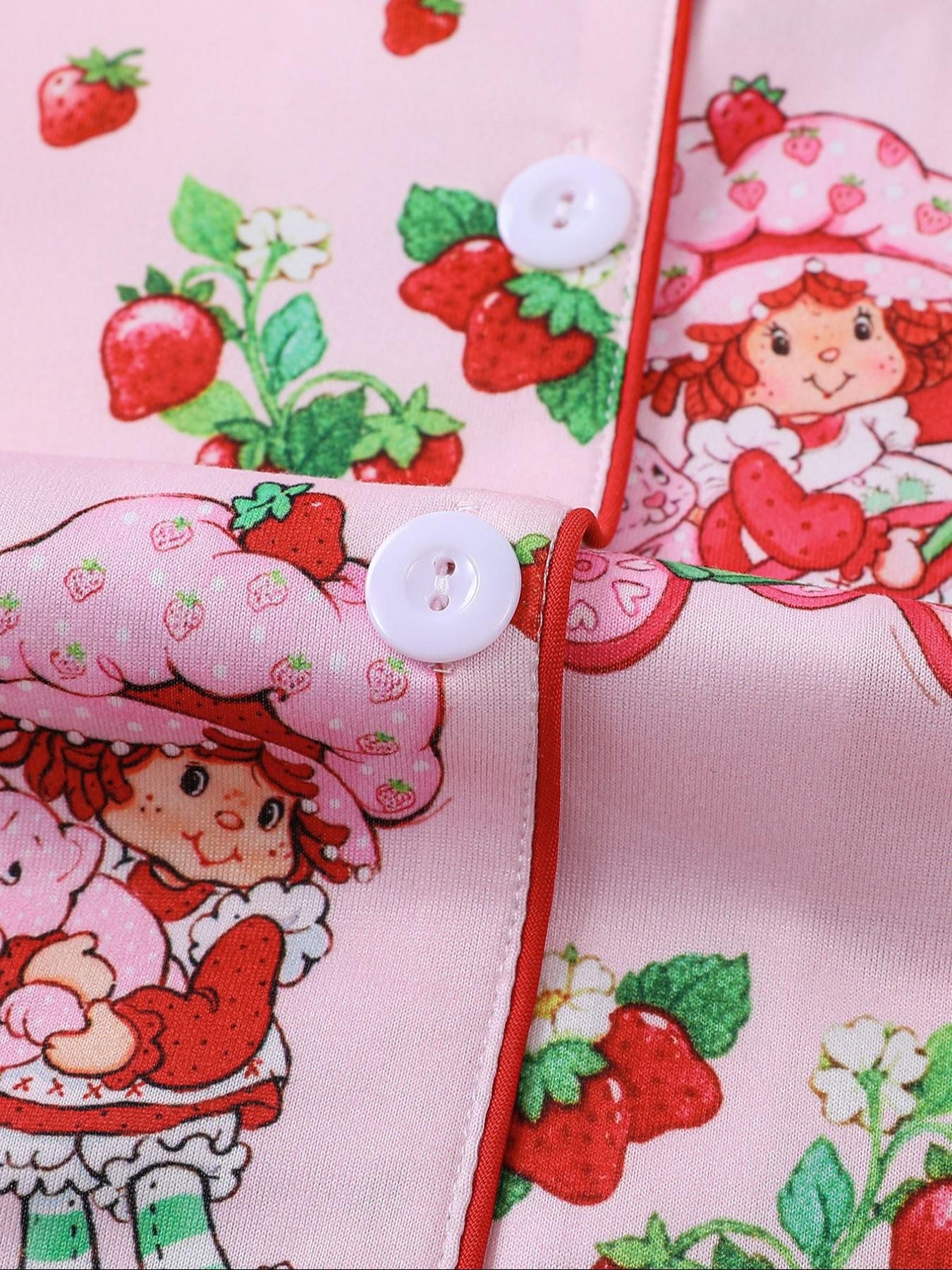 Women's Cute Strawberry Pattern Print Sleepwear Set, Long-Sleeve Button-Up Top & Elastic-Waist Pants, Casual Fall Winter Pajamas Pjs, Comfortable Home Wear Loungewear