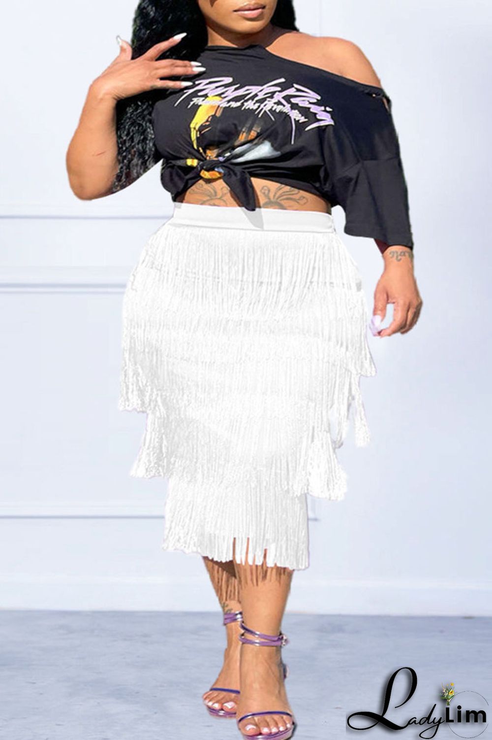 Black Casual Print Tassel Split Joint O Neck Plus Size Two Pieces