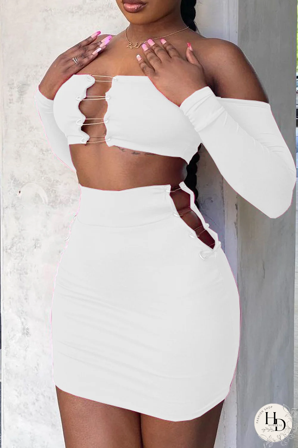 Black Sexy Solid Hollowed Out Off the Shoulder Long Sleeve Two Pieces