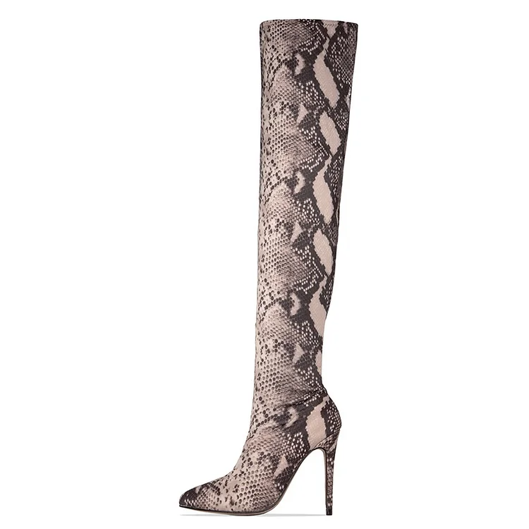 Grey Snakeskin Boots Pointed Toe Stiletto Heel Thigh High Boots |FSJ Shoes