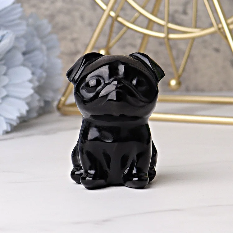 2.3" Black Obsidian Pug Dog Crystal Carvings Animal Cartoon