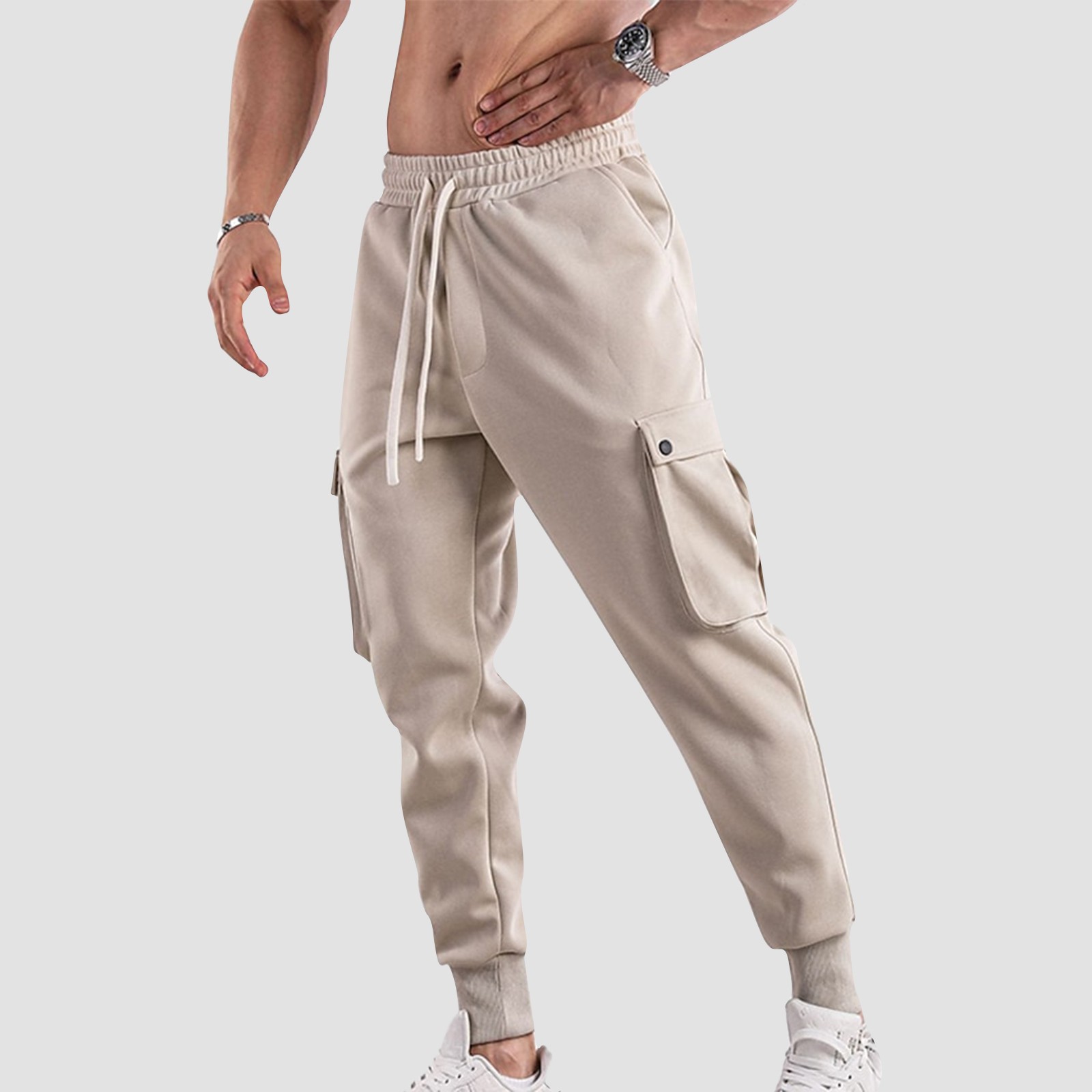 Edubridgesmart Soild Cargo Men'S Sweatpants Multi Pocket Daily Outdoor Running Training Sport Trous Male Elastic Rise Casual Pants Tether