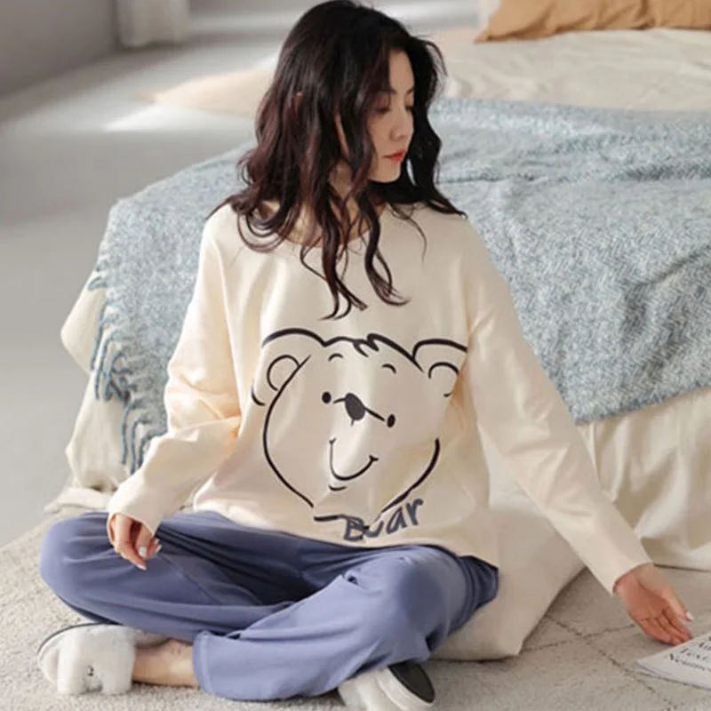 Women's 2 Pieces Pajamas Set 100% Cotton Pyjama Female Pijama Women Homewear Soft Sleepwear Long Sleeve O-Neck Shirt Pants Suit