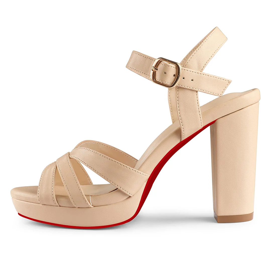 95mm Women's Red Bottom Platform Chunky Heels Ankle Strap Block Heeled Sandals Party Wedding Shoes-MERUMOTE