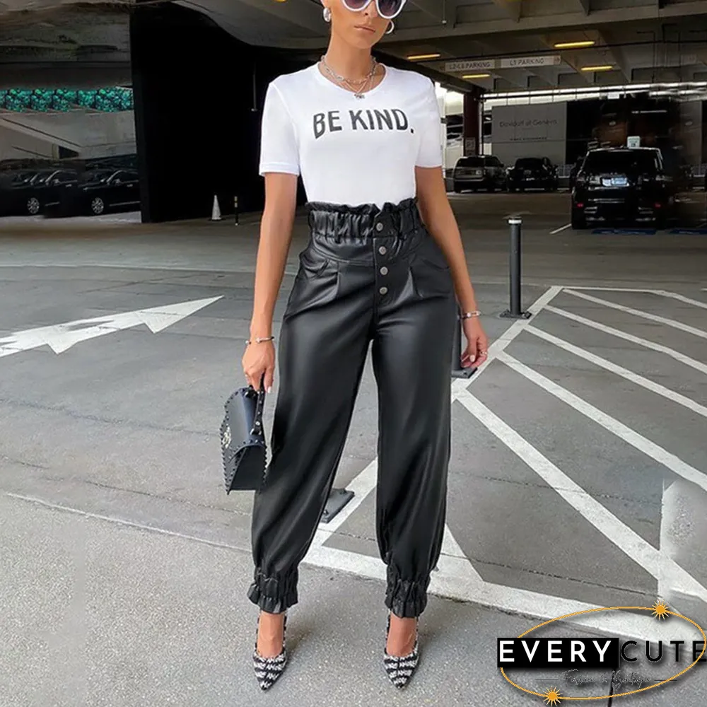 Ladies Chic High Waist PU Leather Pants Casual OL Pants
