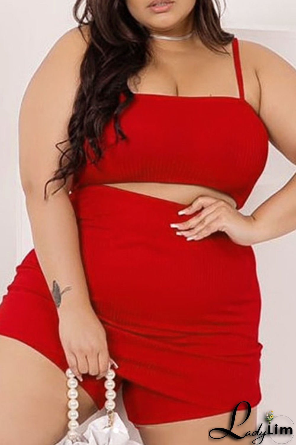 Black Fashion Solid Patchwork Spaghetti Strap Plus Size Two Pieces